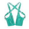 A teal anti-theft underarm wallet bag with an adjustable strap shown in a crisscross configuration.