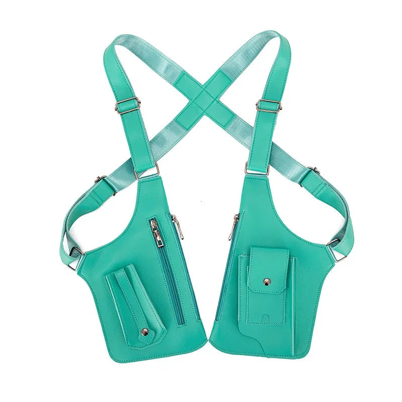 A teal anti-theft underarm wallet bag with an adjustable strap shown in a crisscross configuration.