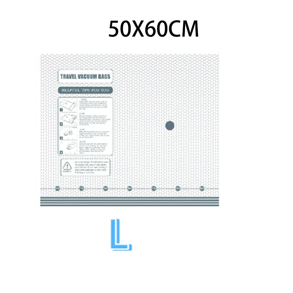 A rectangular product labeled 50x60cm showing travel vacuum bags with instructions and a measurement line.