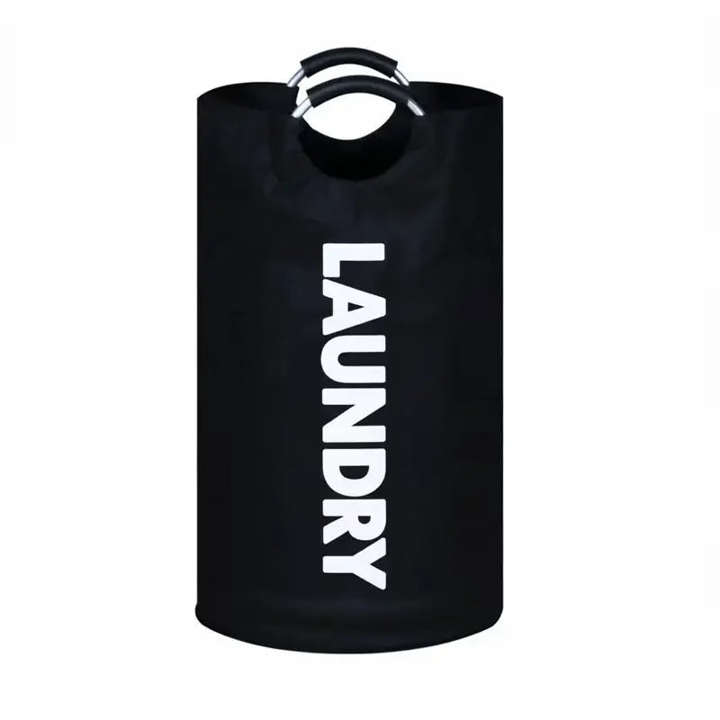 Black extra-large foldable laundry basket with padded handles.