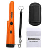 Orange handheld GP-Pointer metal detector with a black handle and lanyard, next to its owner's manual.