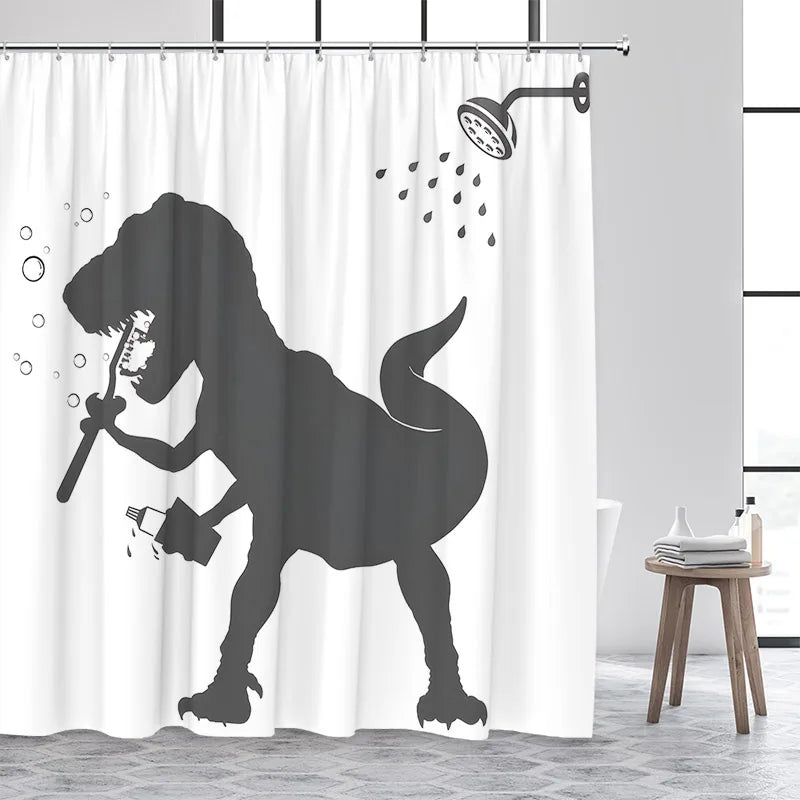 Cat Riding Dinosaur Shower Curtain with Ocean Wave Design