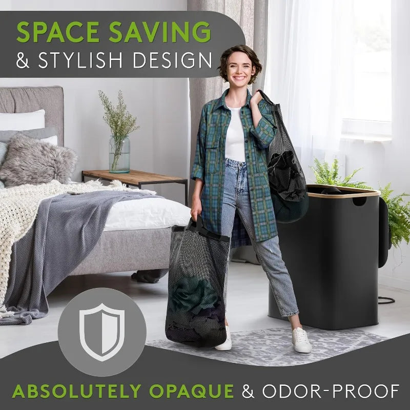 A dark gray foldable laundry hamper with a lid and three removable bags is shown next to a woman in a modern living room sett