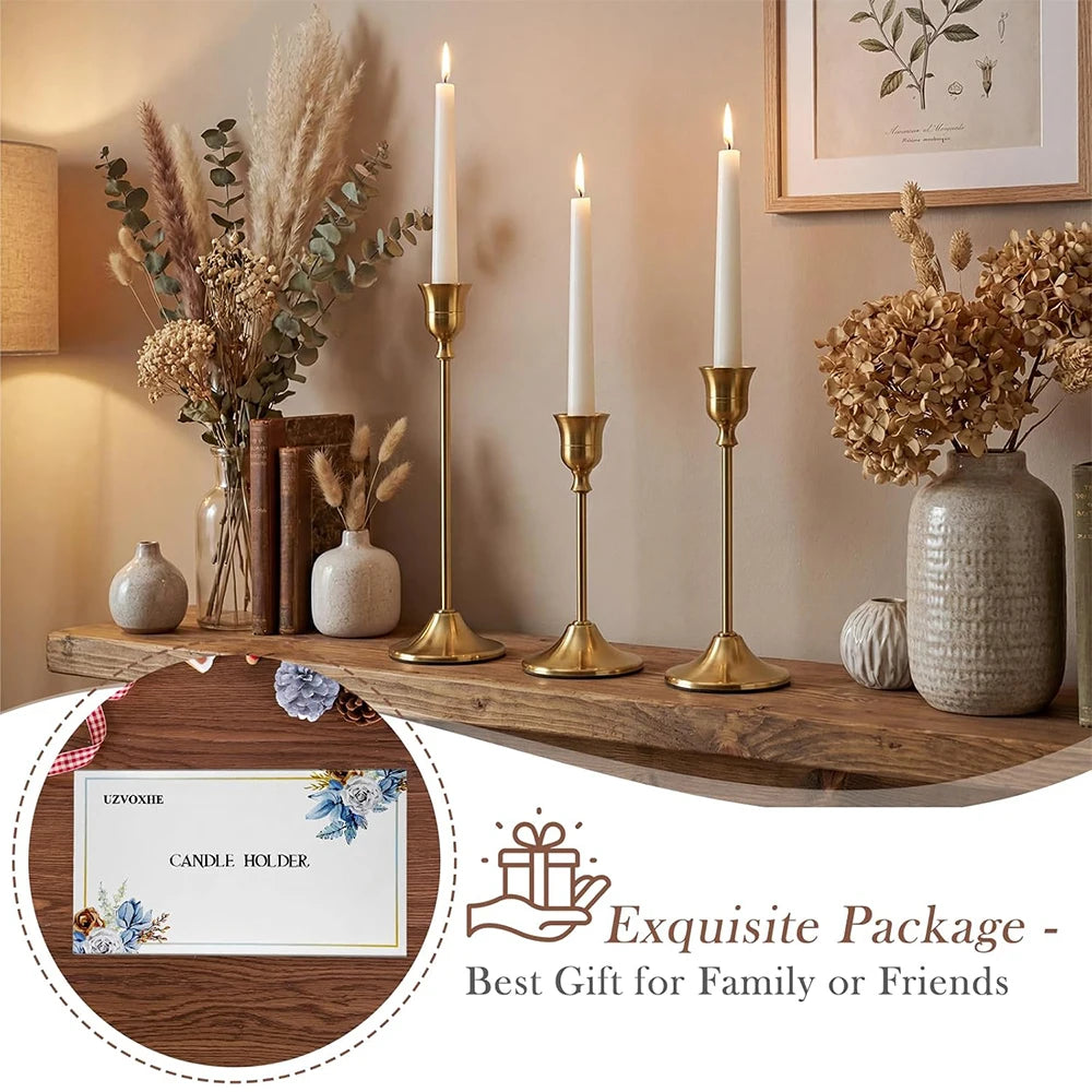Set of 6 Gold Brass Taper Candle Holders with Weighted Base