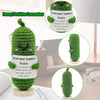 Handcrafted pickle plush with a green muppet face offering emotional support