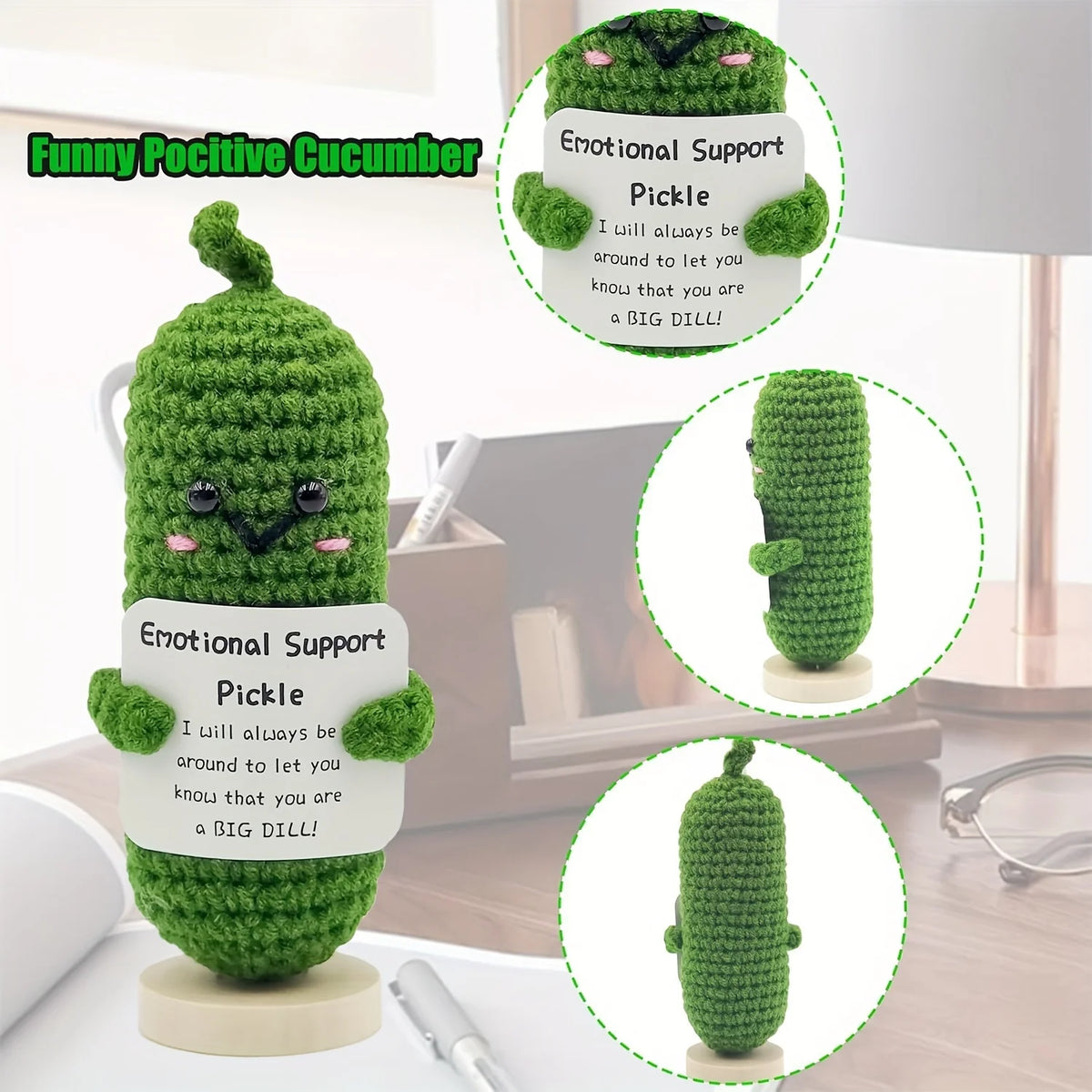 Handcrafted pickle plush with a green muppet face offering emotional support