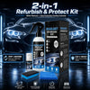 A 2-in-1 headlight refurbish and protect kit showing a neon blue polish bottle, a coating kit box, and a blue microfiber clot