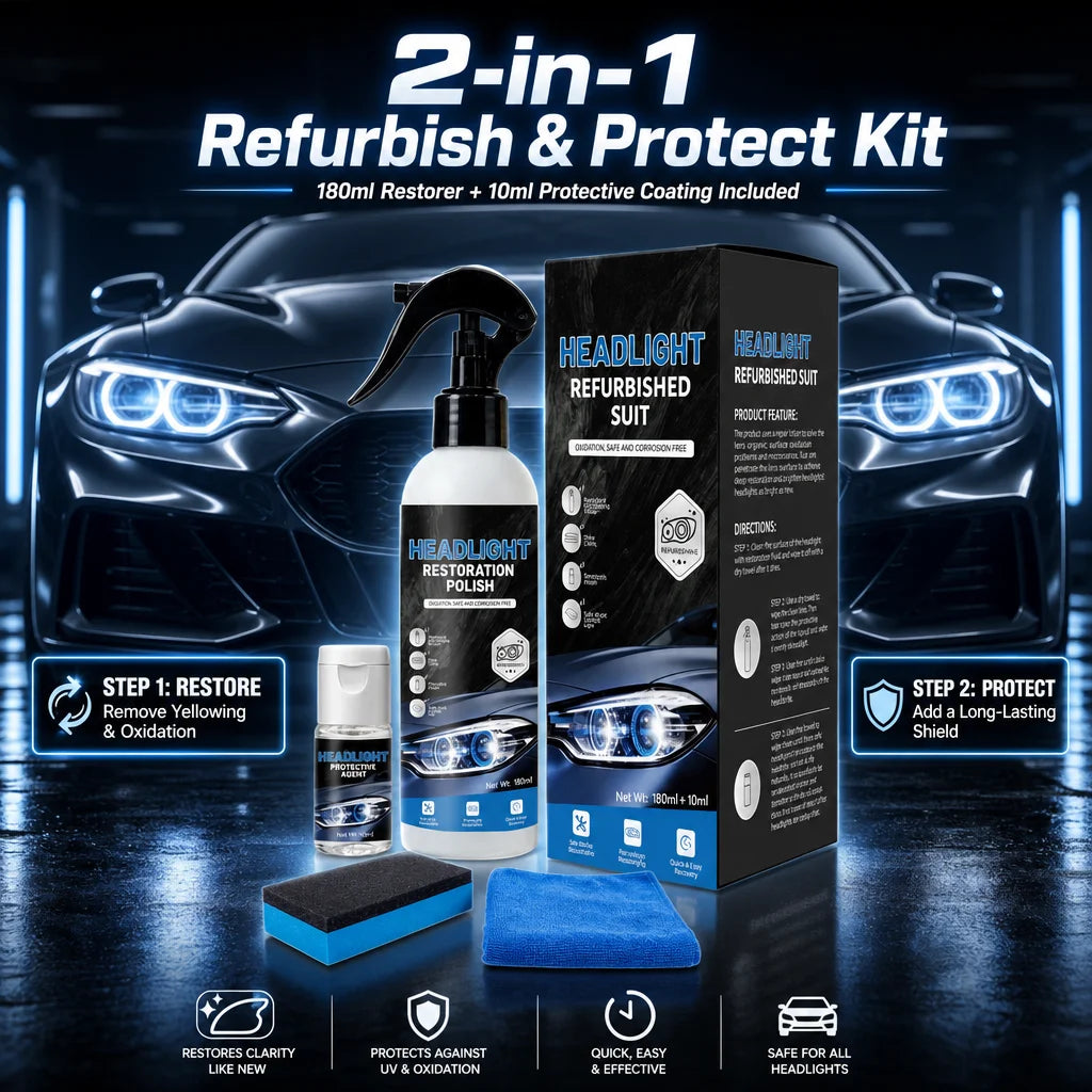 A 2-in-1 headlight refurbish and protect kit showing a neon blue polish bottle, a coating kit box, and a blue microfiber clot