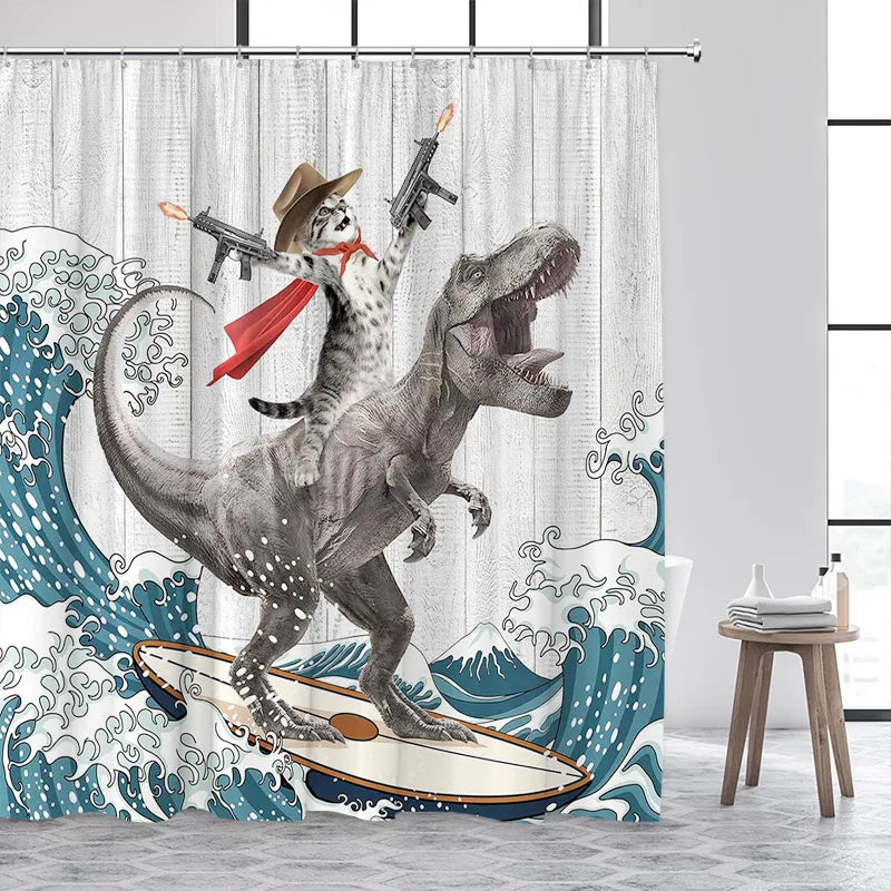 Cat Riding Dinosaur Shower Curtain with Ocean Wave Design