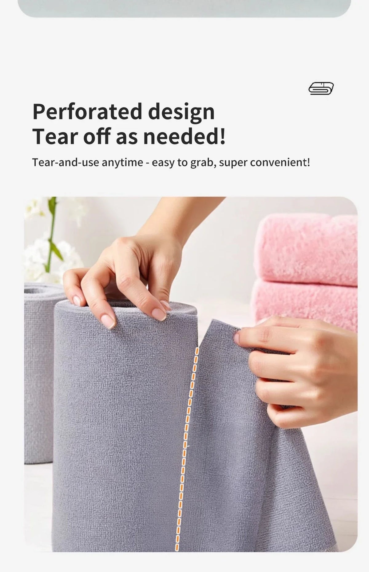 Hands are tearing off a gray microfiber cleaning cloth to use it, demonstrating its tear-off design.