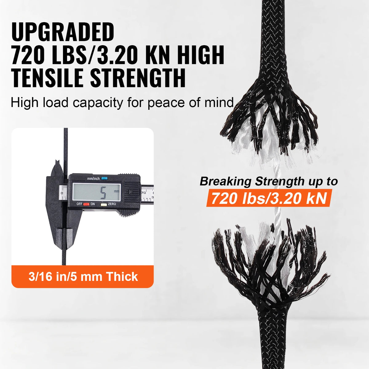 Close-up view of a black braided nylon rope demonstrating high tensile strength and breaking capability.