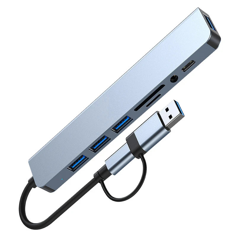 8-in-1 USB & USB-C Docking Hub with Audio Jack and Card Reader