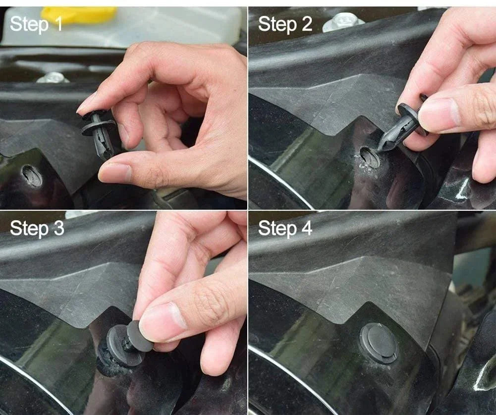 Four steps showing how to use a fastener remover tool on an auto trim clip.