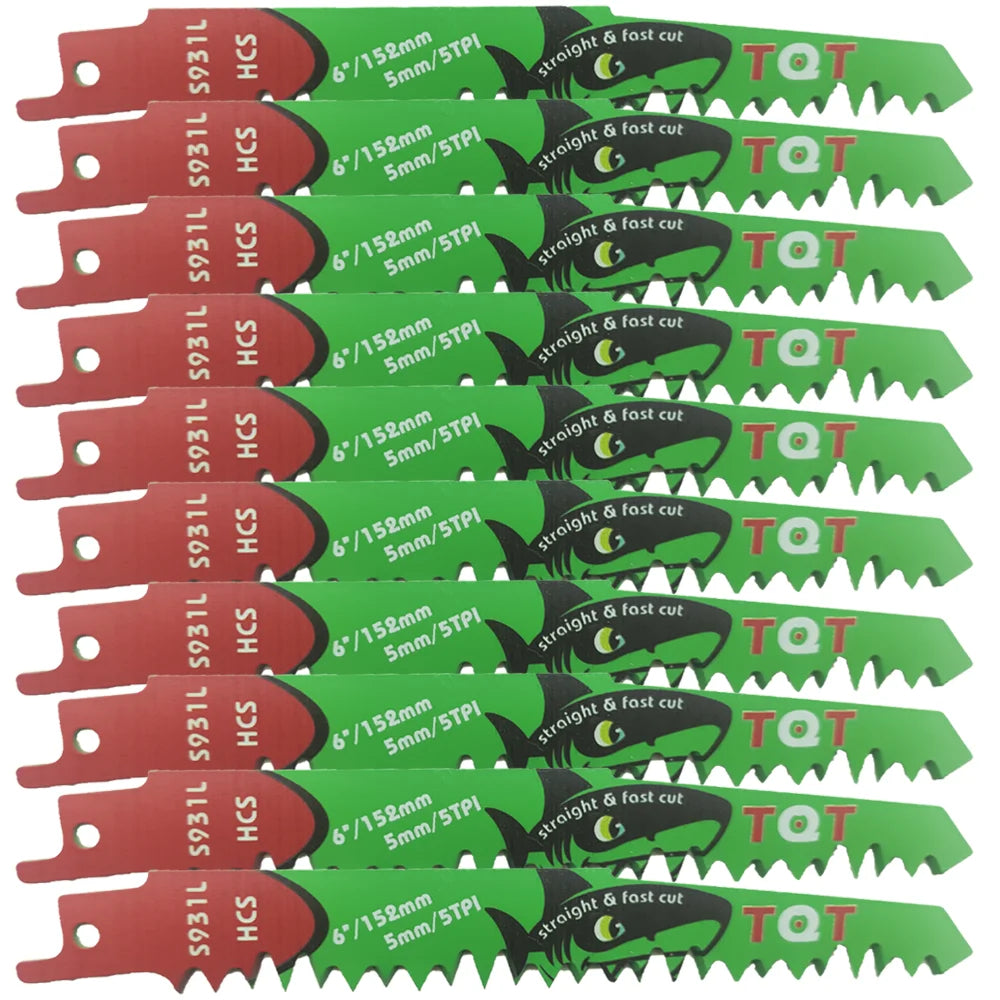A set of ten green and red HCS reciprocating saw blades with 5mm/5TPI cutting teeth.