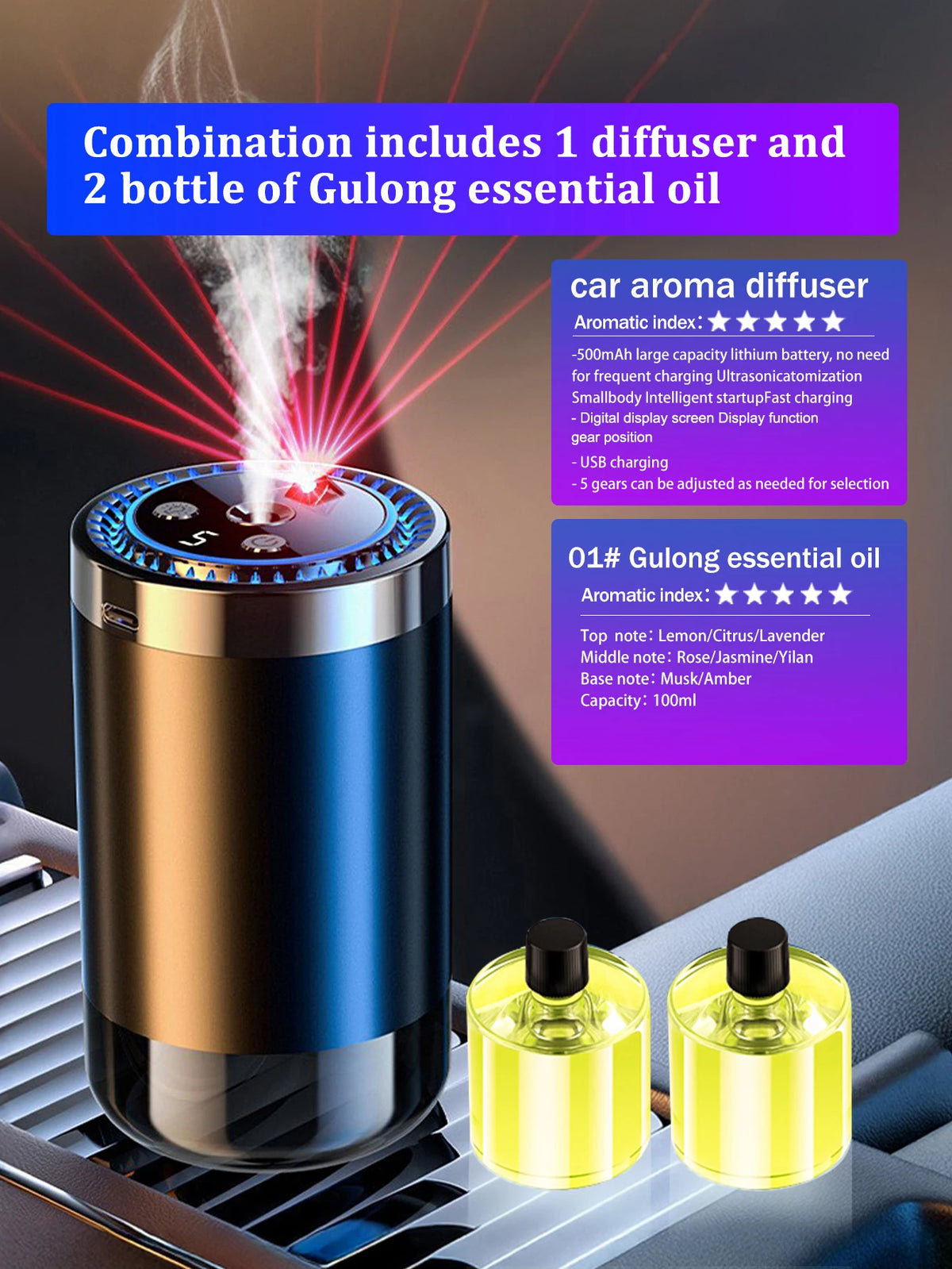Diffuseur d'arôme portable USB pour voiture avec éclairage LED et deux flacons d'huile essentielle de Gulong.