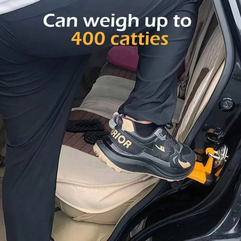 A person's leg wearing black pants and a pair of shoes is shown accessing a vehicle interior with a foldable aluminum car ste