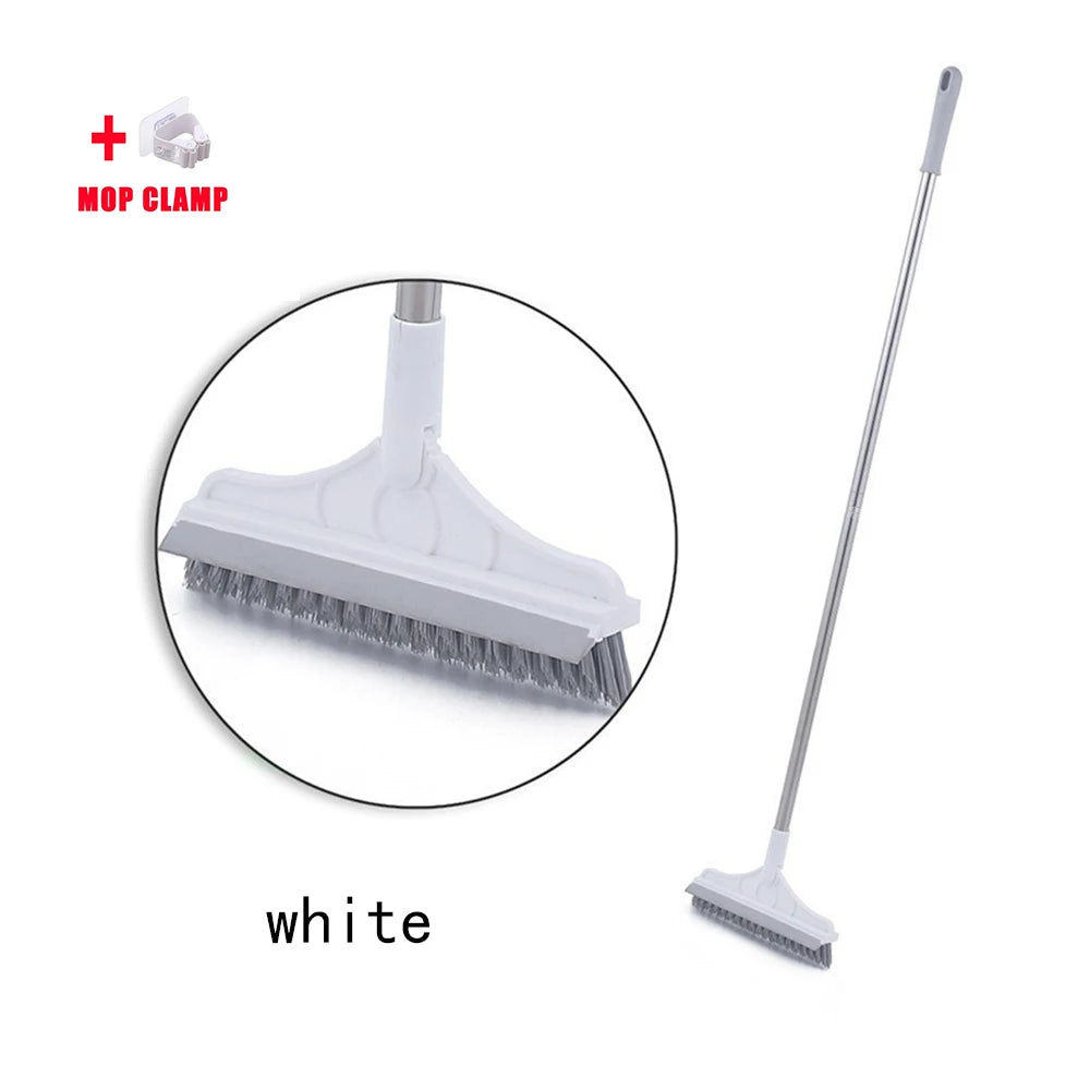 A white rotating floor scrub brush with a long handle and a mop clamp shown in various views.
