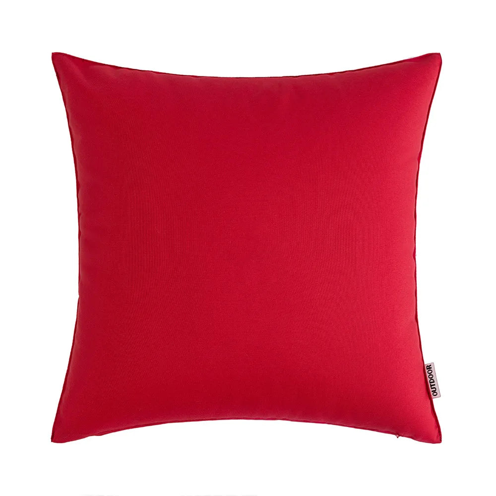 A square, vibrant red linen-textured cushion cover for an outdoor pillow.