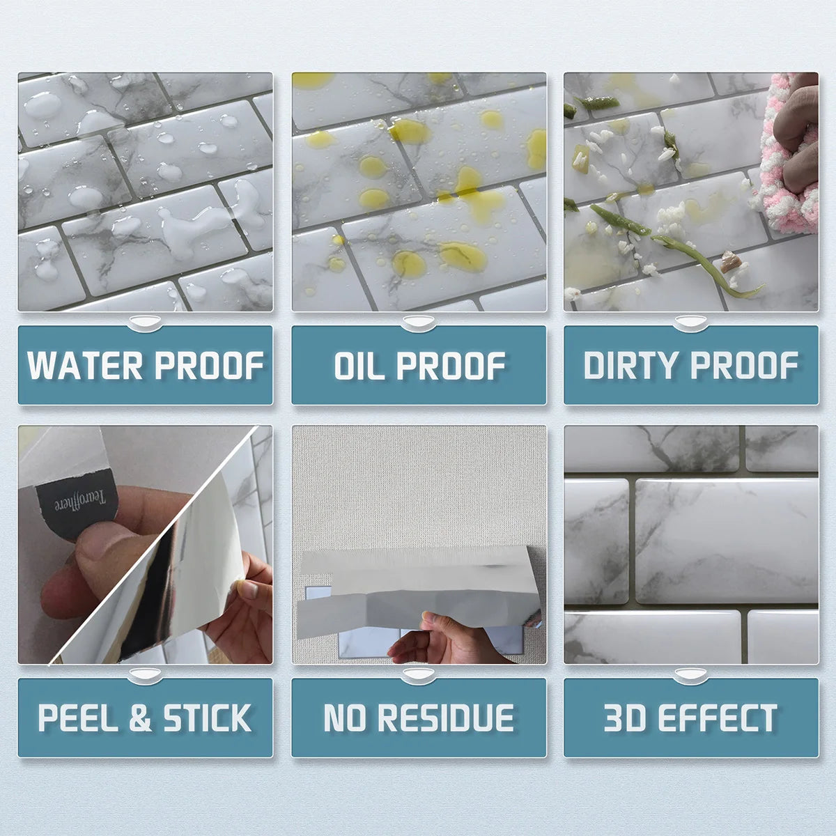 A set of wood grain peel and stick backsplash tiles shown with various waterproof, oilproof, and dirty proof features.