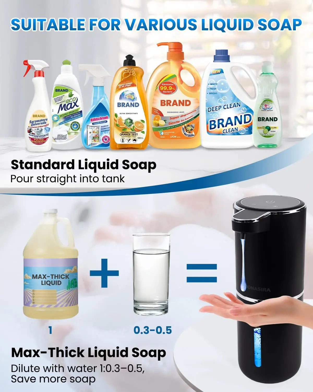 A set of liquid soaps and a touchless automatic soap dispenser with a black pump top
