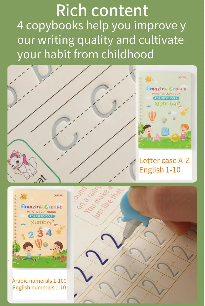A collection of four copybooks for improving writing quality and cultivating habits from childhood, including letter and numb