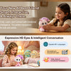 A young girl is interacting with an AI plush robot that has expressive eyes and is used for storytelling and emotional feedba