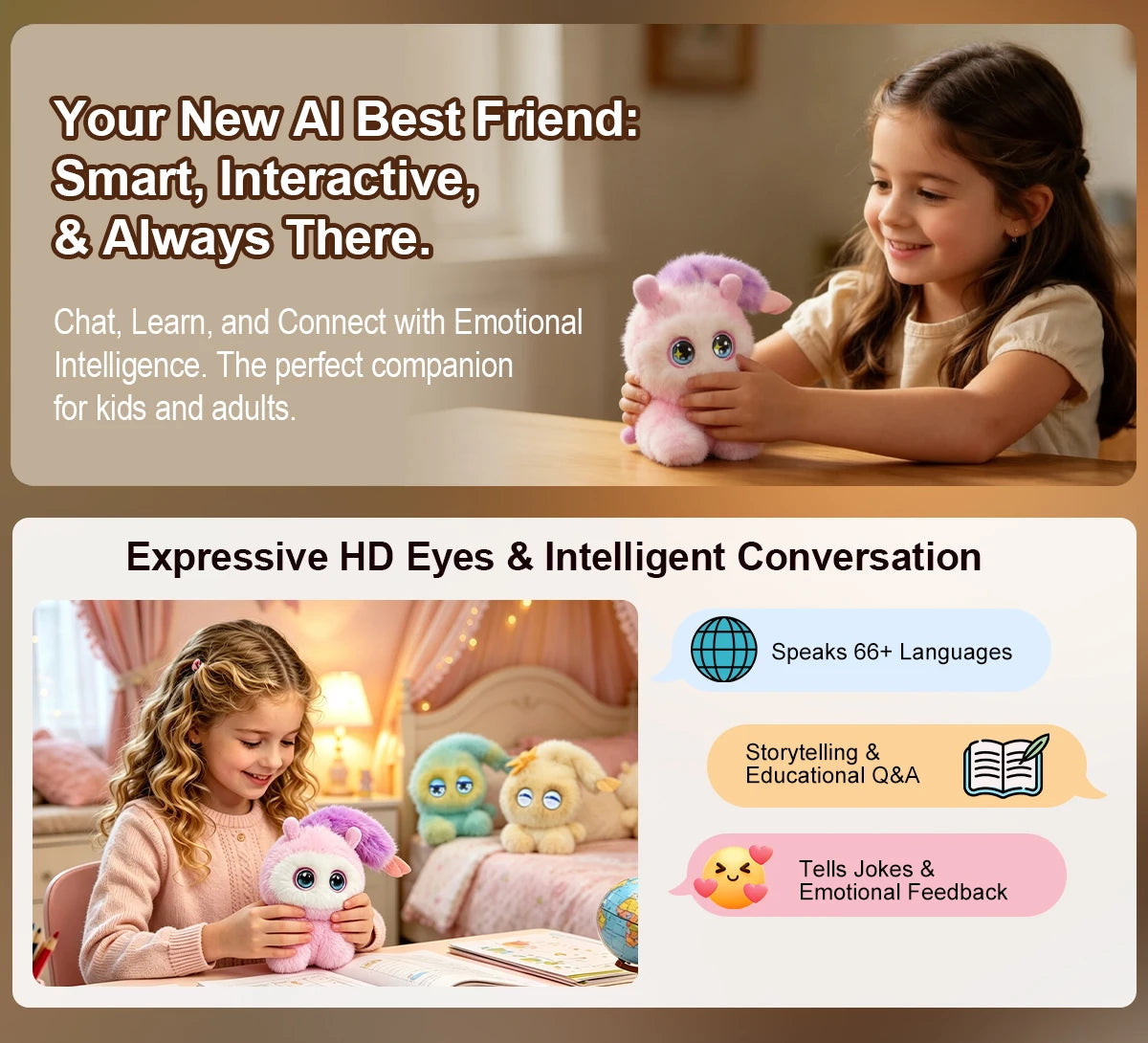 A young girl is interacting with an AI plush robot that has expressive eyes and is used for storytelling and emotional feedba