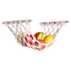 Macrame hanging fruit hammock made of natural fiber holding various colorful fruits.