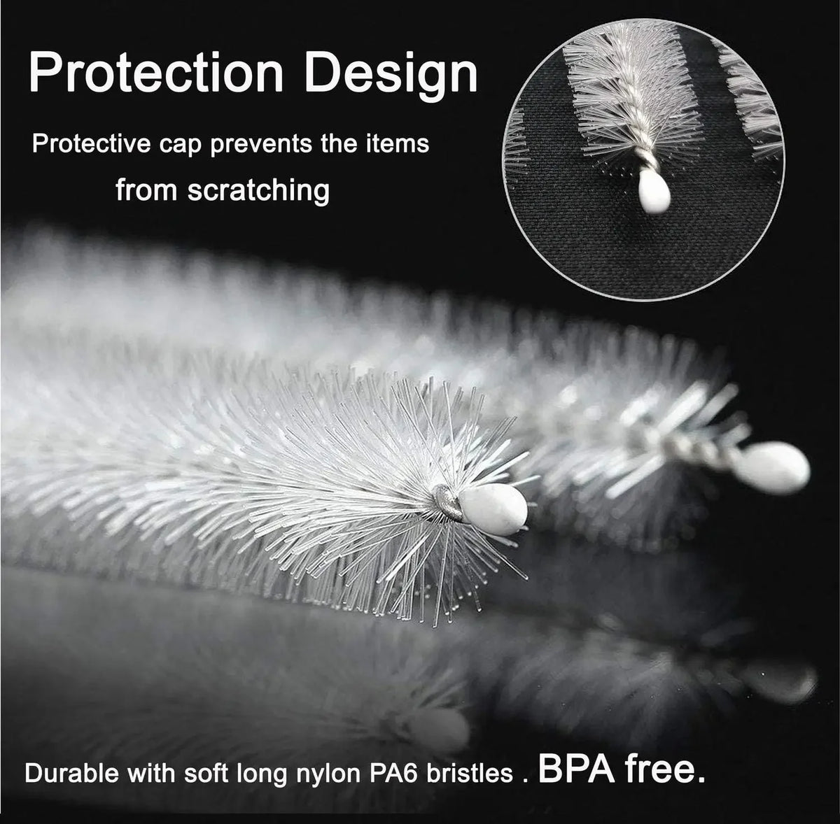 Close-up of a protective cap on a long nylon bristle brush used for cleaning.