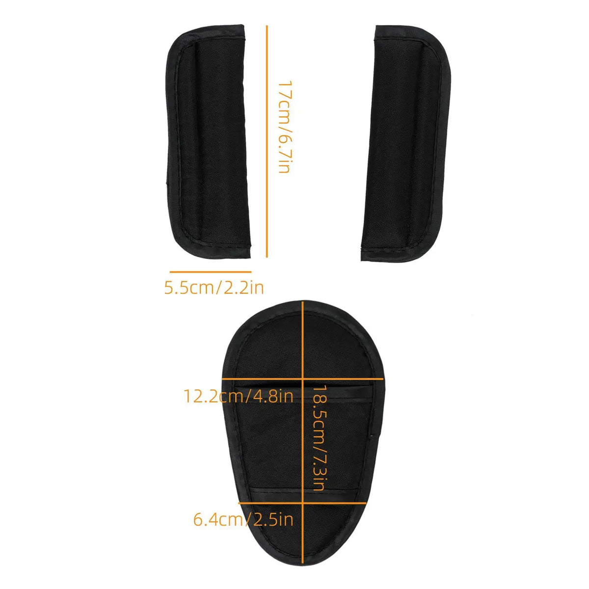 Black fabric cushion covers for baby stroller and car seat belts shown in multiple views.