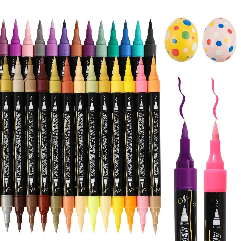 A set of acrylic paint markers with dual tips in various colors and a yellow egg-shaped marker.
