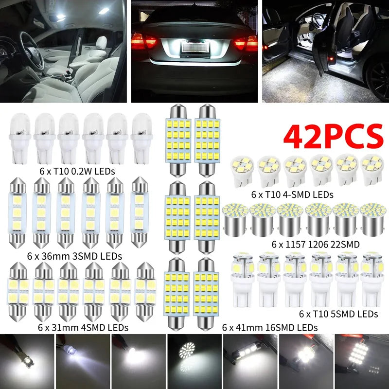A kit of various car interior LED bulbs including T10 and SMD lights for dome, map, license plate, and trunk applications.