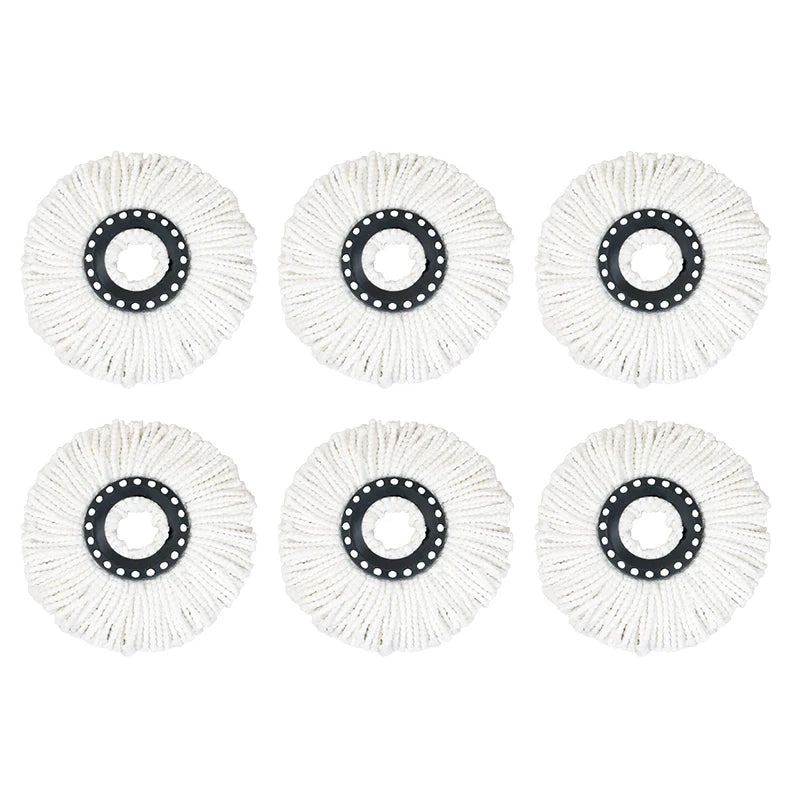 Four white microfiber mop head refills with black accents shown in various angles.