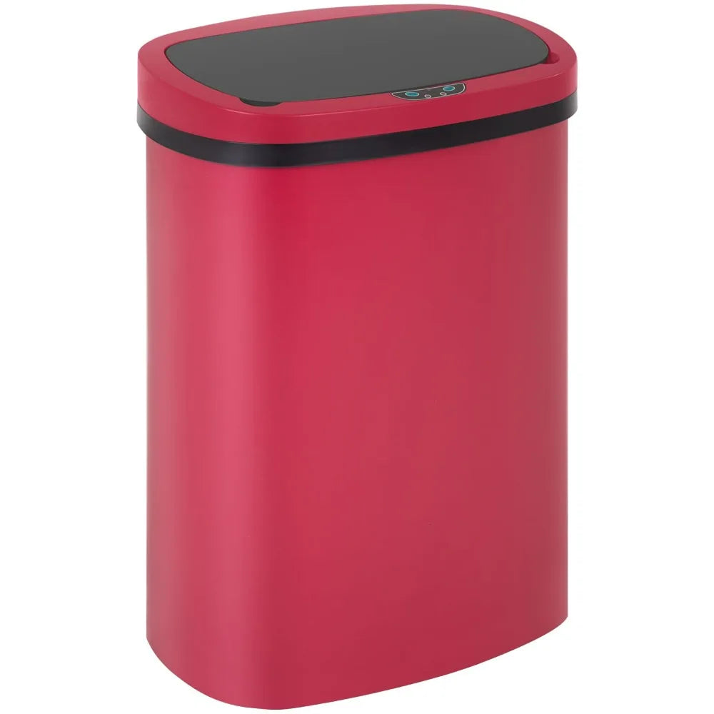 A red automatic touchless trash can with a black lid.