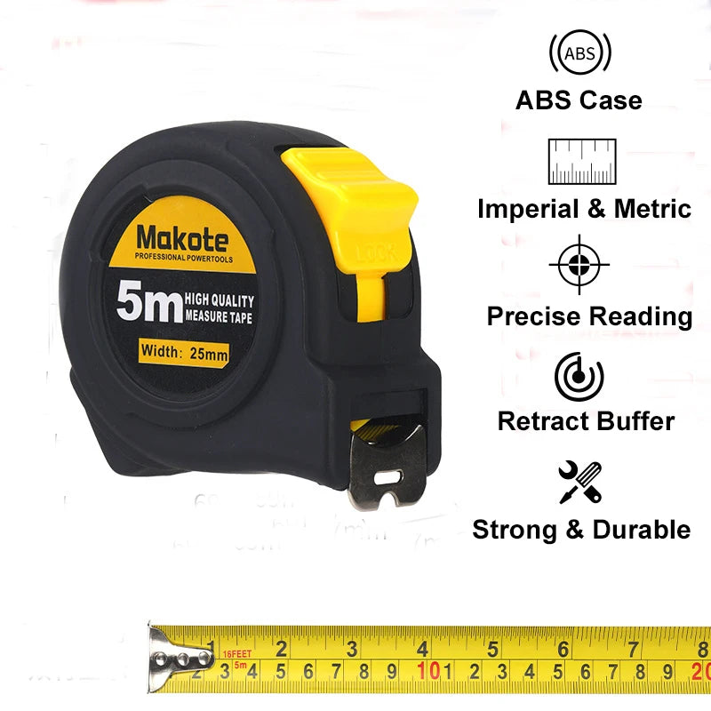 Black Makote 5m high quality measure tape with an ABS case and a retractable buffer.