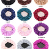 A collection of satin sleep bonnets in various colors including black, coffee, khaki, navy, teal, wine, pink, purple, and bla