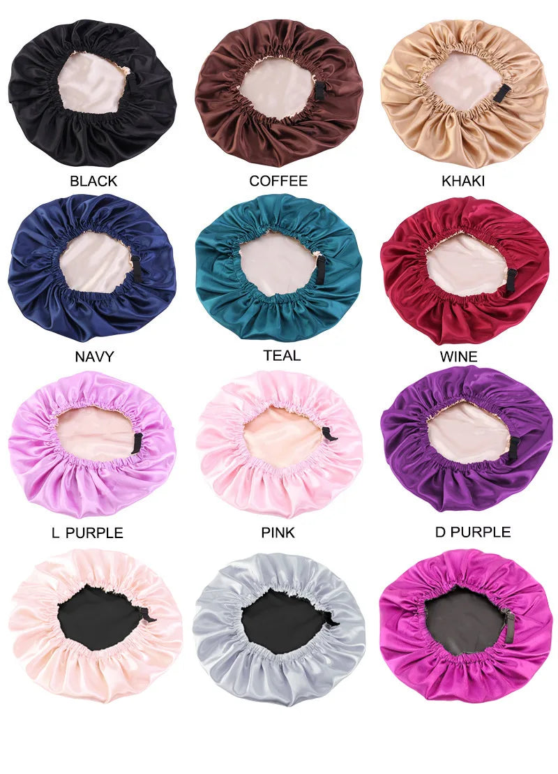 A collection of satin sleep bonnets in various colors including black, coffee, khaki, navy, teal, wine, pink, purple, and bla