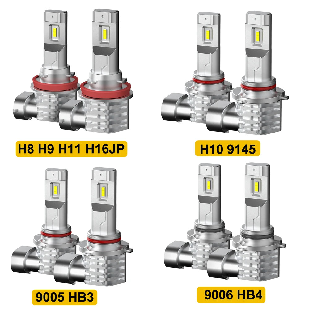 A collection of LED fog light bulbs including H8, H9, H11, H16JP, H10, and 9145 types.