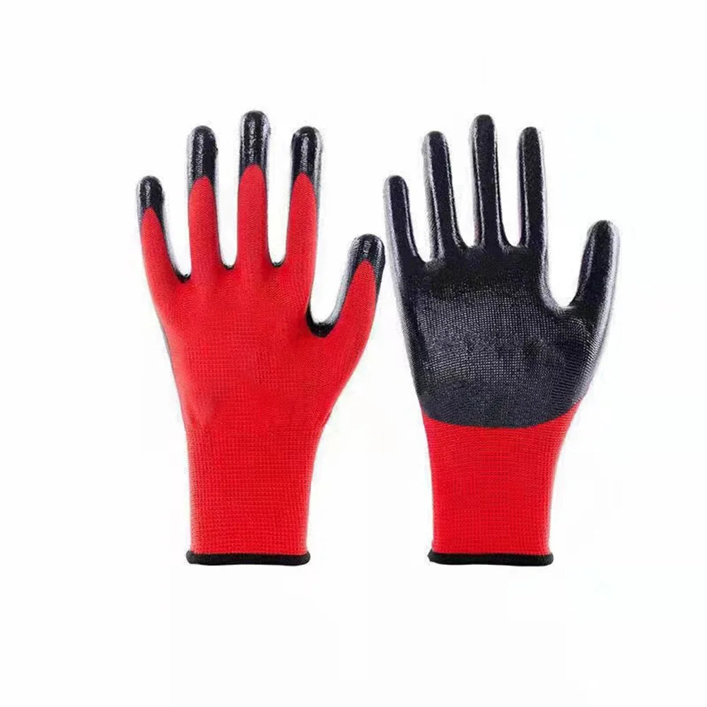 A pair of red and black nitrile-coated nylon work gloves shown against a white background.