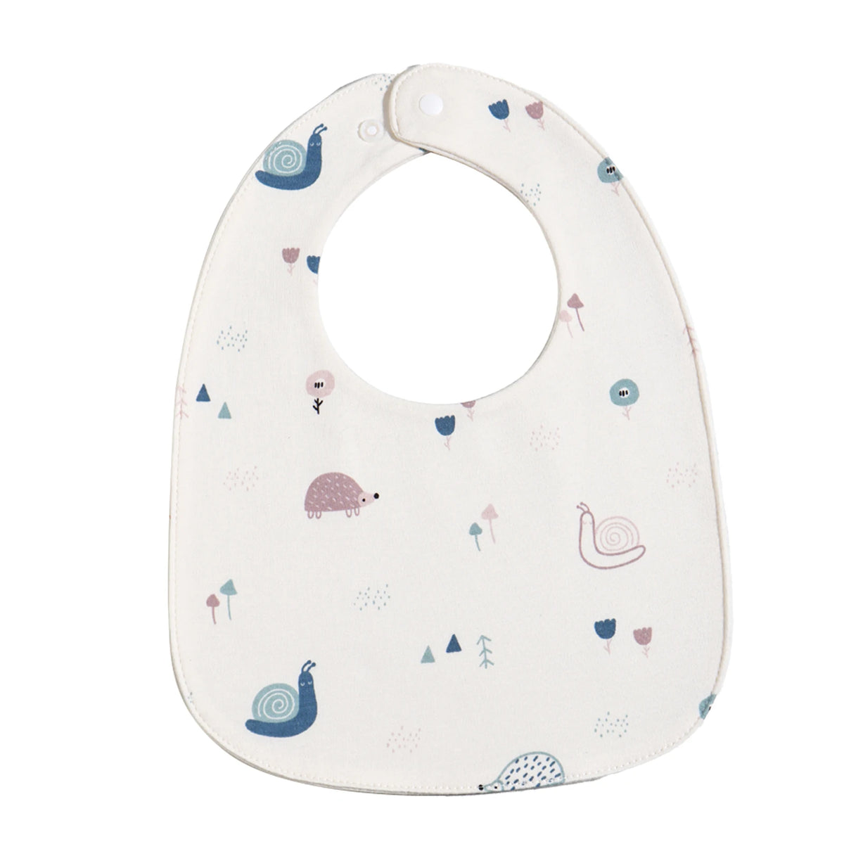 A white U-shaped baby bib with a light blue and pink floral pattern.