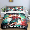 A soccer player graphic duvet cover featuring Cristiano Ronaldo in a red jersey and green shorts.