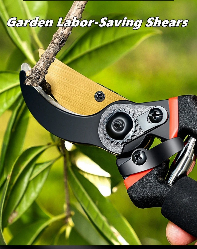 A close-up of a garden labor-saving pair of shears with a wooden handle and black metal blades being used to prune a branch.