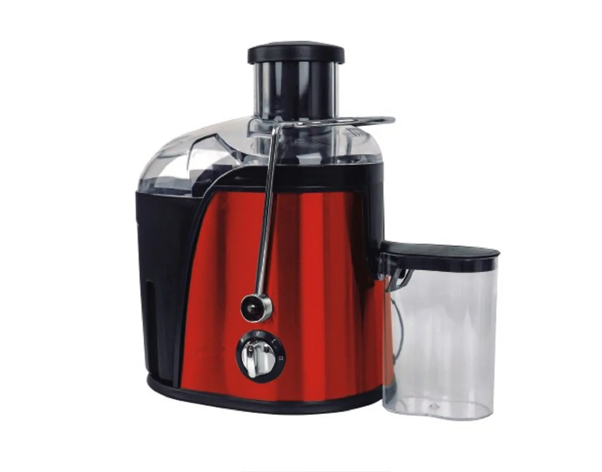 A red and black centrifugal juicer appliance with a clear plastic container.