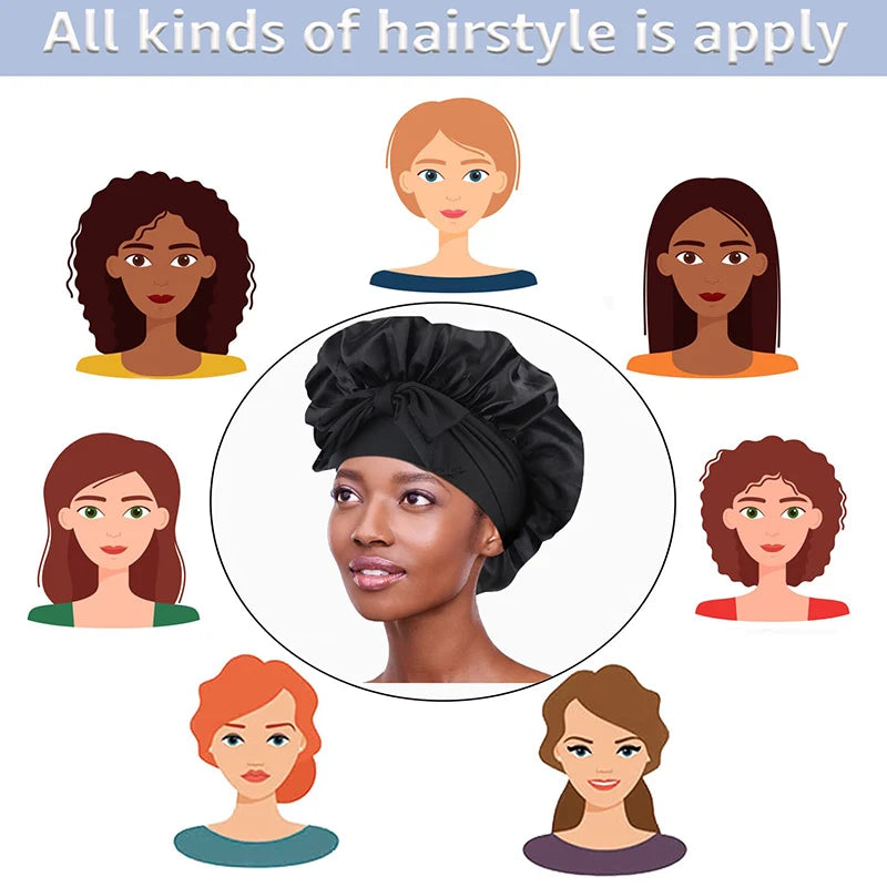 A collection of diverse women's hairstyles, including natural curls, straight hair, and a black silky satin sleep cap.