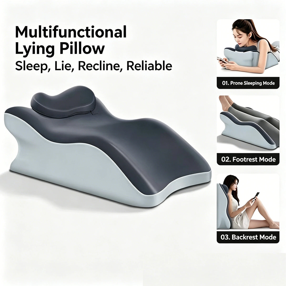 A gray multifunctional lying pillow shown in three positions: prone, footrest, and backrest modes.