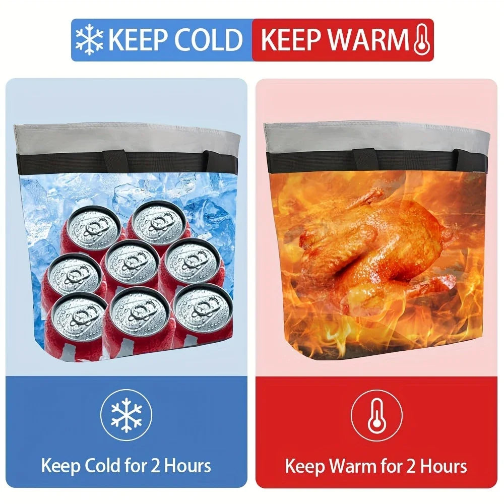 Insulated cooler bag showing options to keep food cold for 2 hours or warm for 2 hours