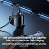 A black multi port car charger with a flexible cable is shown on a dark surface.