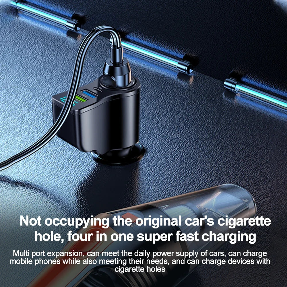 A black multi port car charger with a flexible cable is shown on a dark surface.