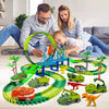 A set of green and yellow dinosaur adventure climbing race track toys with various dinosaurs and vehicles.