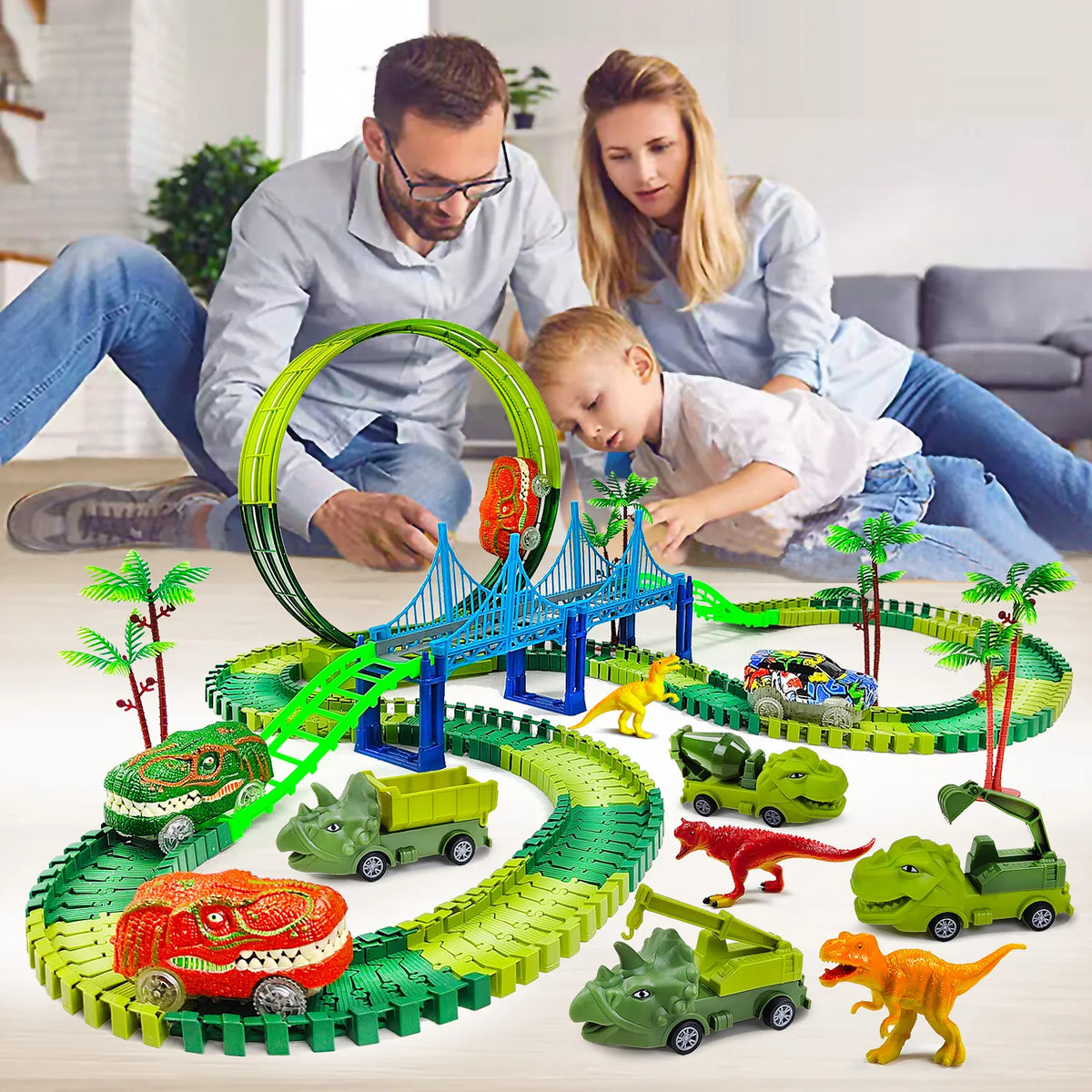 A set of green and yellow dinosaur adventure climbing race track toys with various dinosaurs and vehicles.
